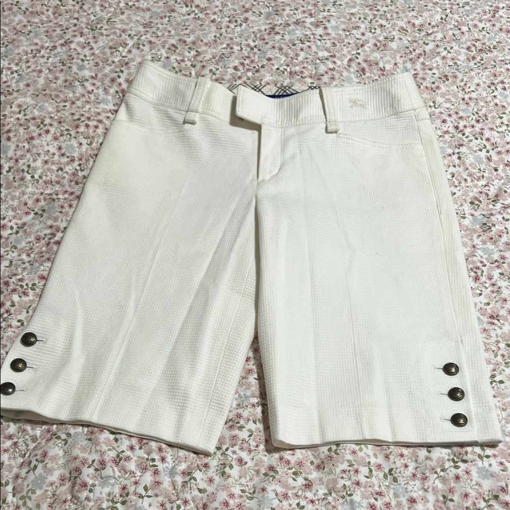 Burberry Blue Label White Women's Tailored Bermuda Shorts with Button Hem